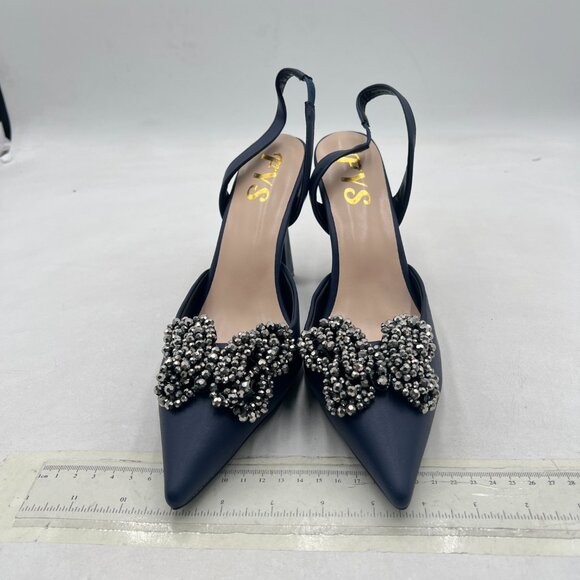 FYS Navy Pointed Toe Slip On Sandal Chic Rhinestone Butterfly Slingbacks Shoes - Picture 2 of 7